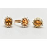 A 9CT YELLOW GOLD CITRINE AND PEARL CLUSTER RING AND A PAIR OF MATCHING YELLOW METAL EARRINGS, the