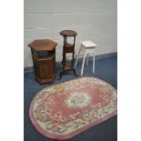 A MAHOGANY WIG STAND, with two drawers, height 86cm, a hexagonal side cabinet, a painted torcher,