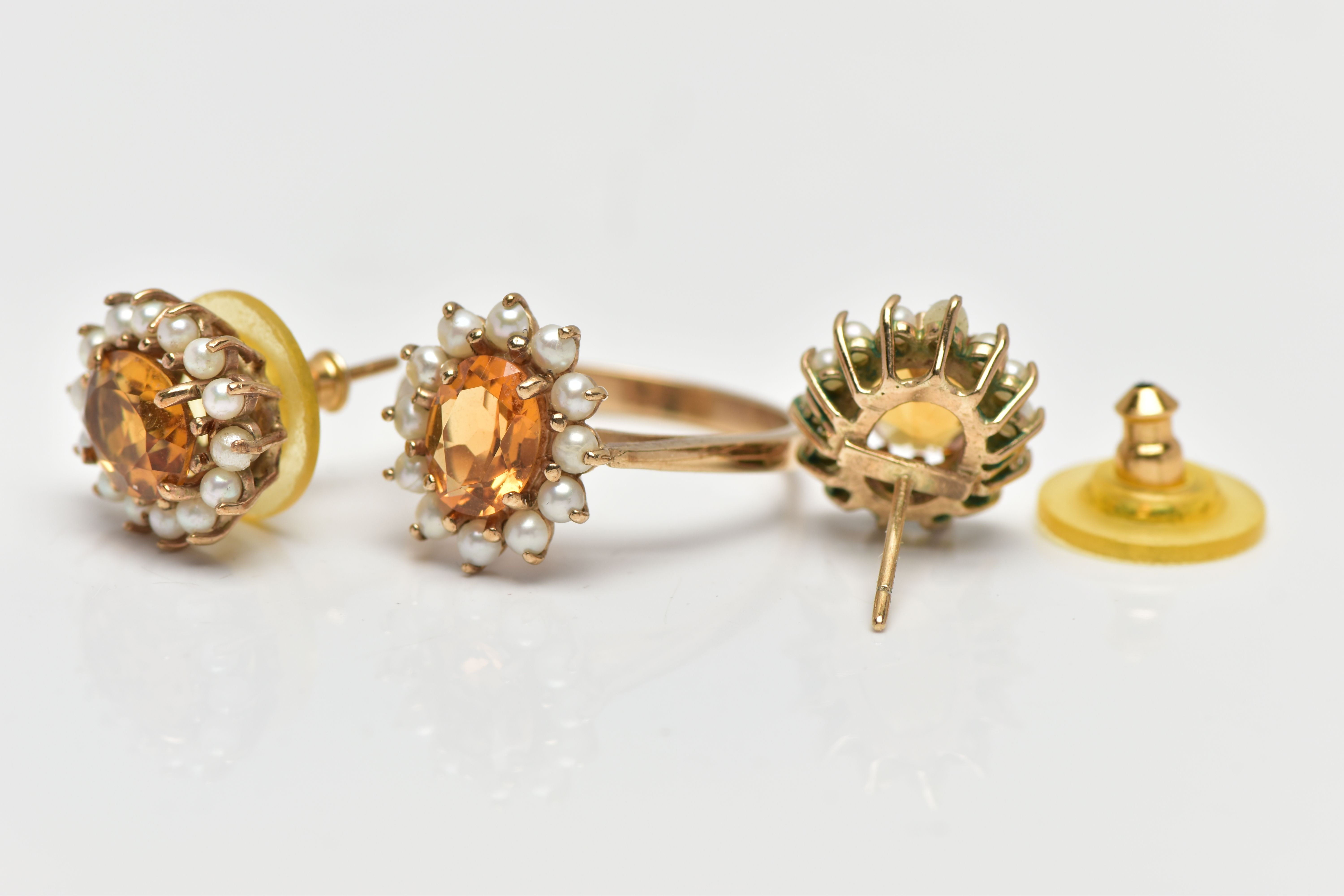A 9CT YELLOW GOLD CITRINE AND PEARL CLUSTER RING AND A PAIR OF MATCHING YELLOW METAL EARRINGS, the - Image 2 of 8