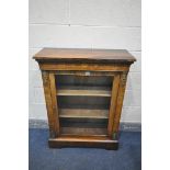 A VICTORIAN WALNUT AND MARQUETRY INLAID PIER CABINET, with a single glass door that's enclosing
