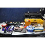 A PLASTIC TOOLBOX AND A BAG CONTAINING TOOLS, including an RS voltage tester, multimeter, a