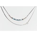 A 9CT WHITE GOLD TOPAZ PENDANT NECKLACE, designed with a curved bar pendant bar set with a row of