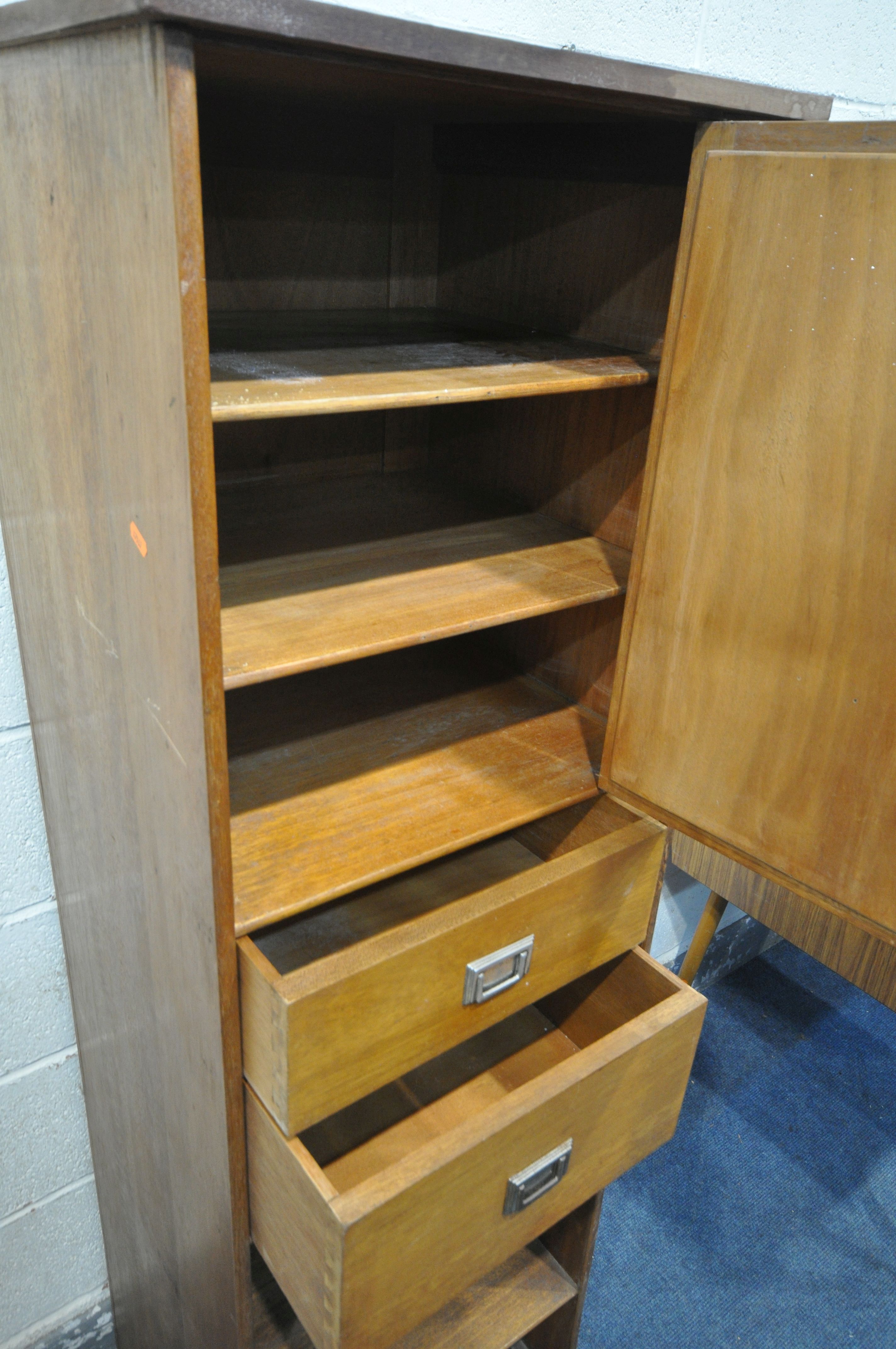 A 20TH CENTURY OAK CABINET, with a single bevelled mirror door, above two drawers and two shelves, - Image 5 of 5