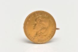 A GOLD 10 GULDEN WILHELMENIA COIN BROOCH, soldered with a yellow metal brooch pin and C clasp,