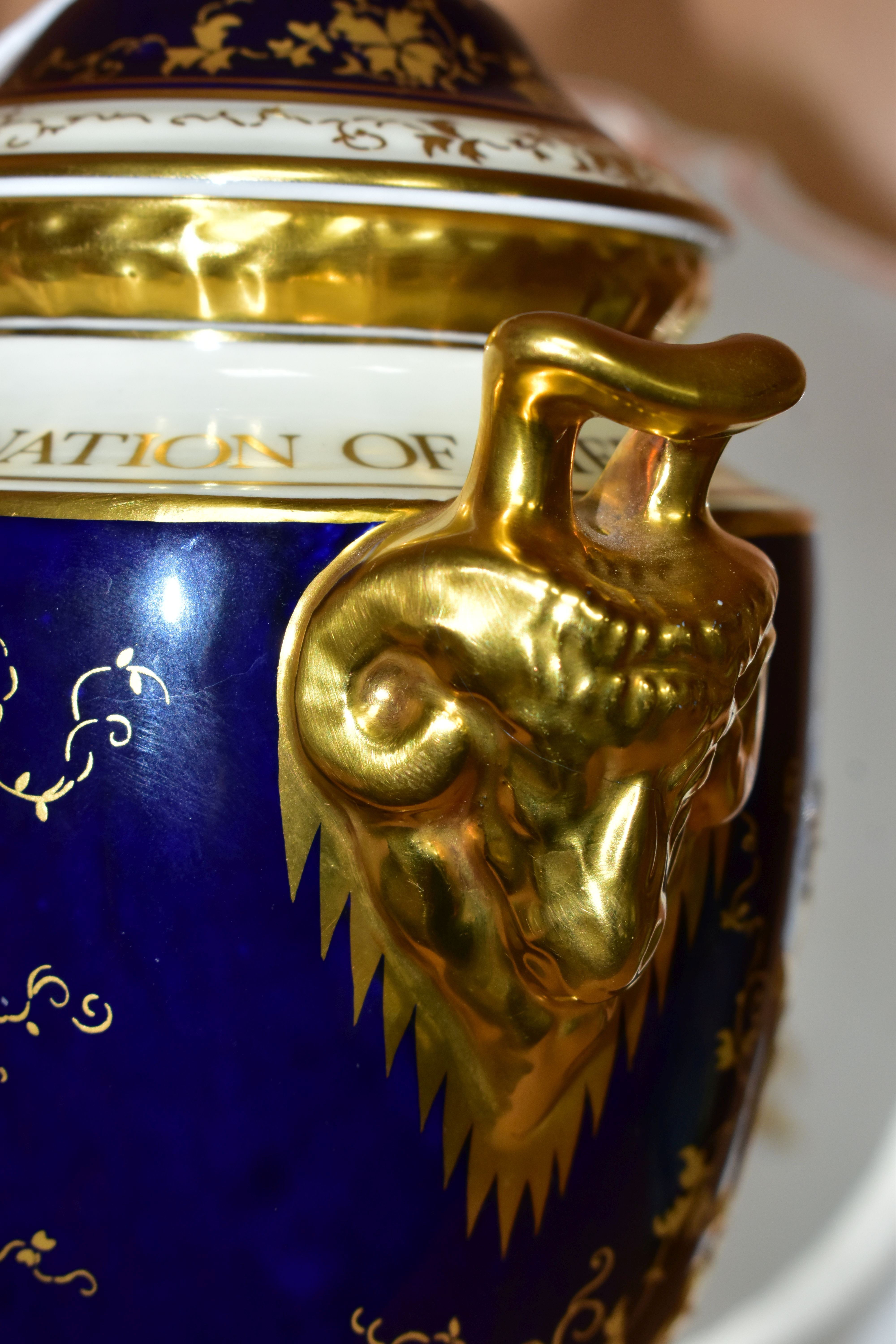 A LIMITED EDITION COALPORT TWIN RAM'S HEAD HANDLED PEDESTAL COVERED VASE, commemorating the 25th - Image 3 of 10