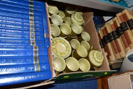 TWO BOXES OF FRANCISCAN 'REFLECTIONS' PATTERN TEA WARES AND ENCYCLOPEDIAS, to include cups, saucers,