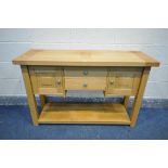 A SOLID LIGHT OAK SIDEBOARD, with two doors flanking two drawers, length 123cm x depth 44cm x height