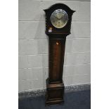 A 20TH CENTURY OAK CHIMING GRANDDAUGHTER CLOCK, height 148cm, with pendulum (condition:-good