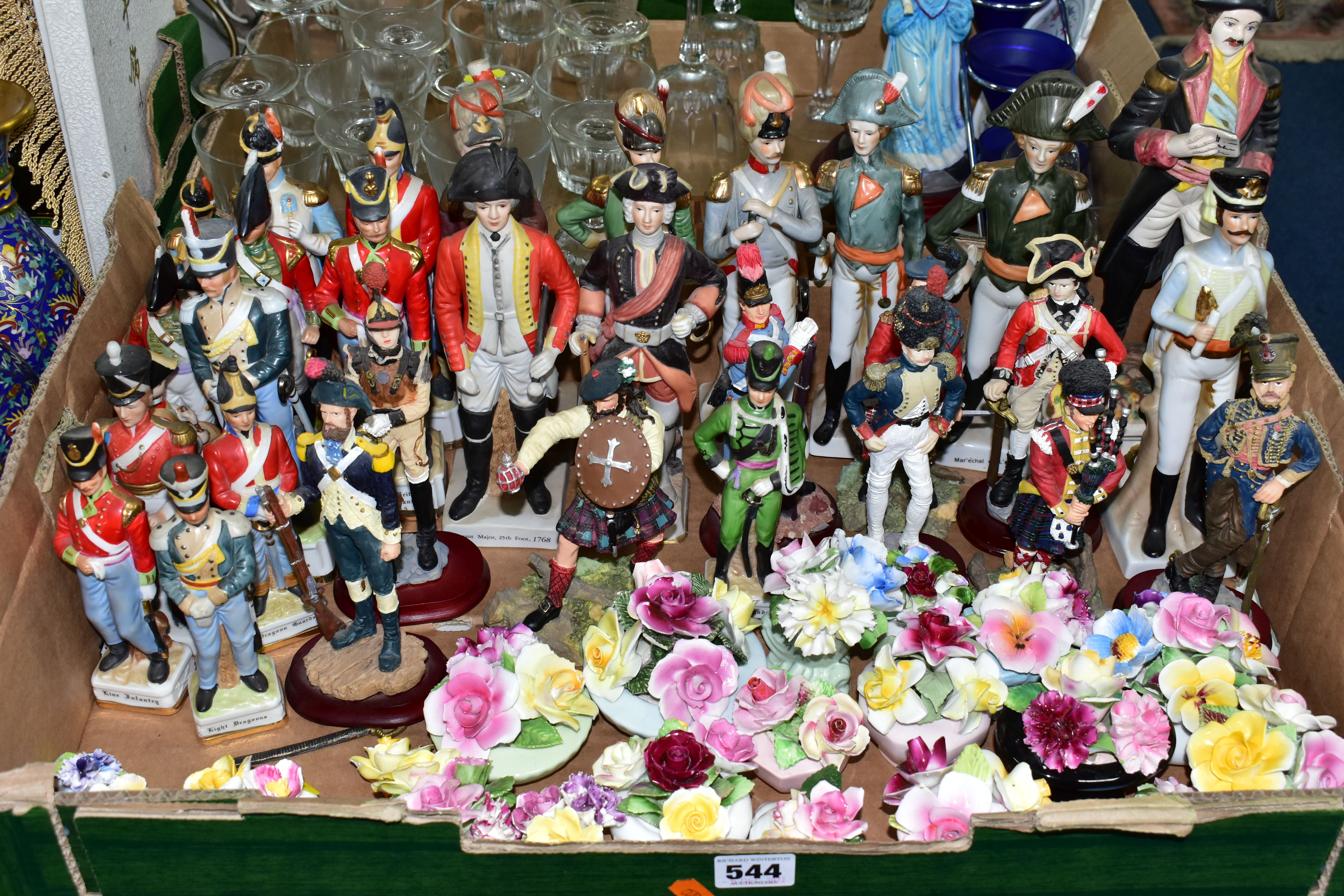 TWO BOXES OF NAPOLEONIC MILITARY FIGURINES, to include thirty-two assorted porcelain and resin