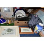 FOUR BOXES AND LOOSE SNOWBOARDING CLOTHING, RAILWAY CARRIAGE PLATE, CERAMICS, PICTURES AND SUNDRY