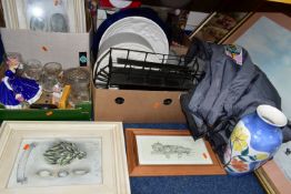 FOUR BOXES AND LOOSE SNOWBOARDING CLOTHING, RAILWAY CARRIAGE PLATE, CERAMICS, PICTURES AND SUNDRY