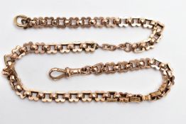 A YELLOW METAL ALBERT CHAIN, designed with a series of wavy square links decorated with worn