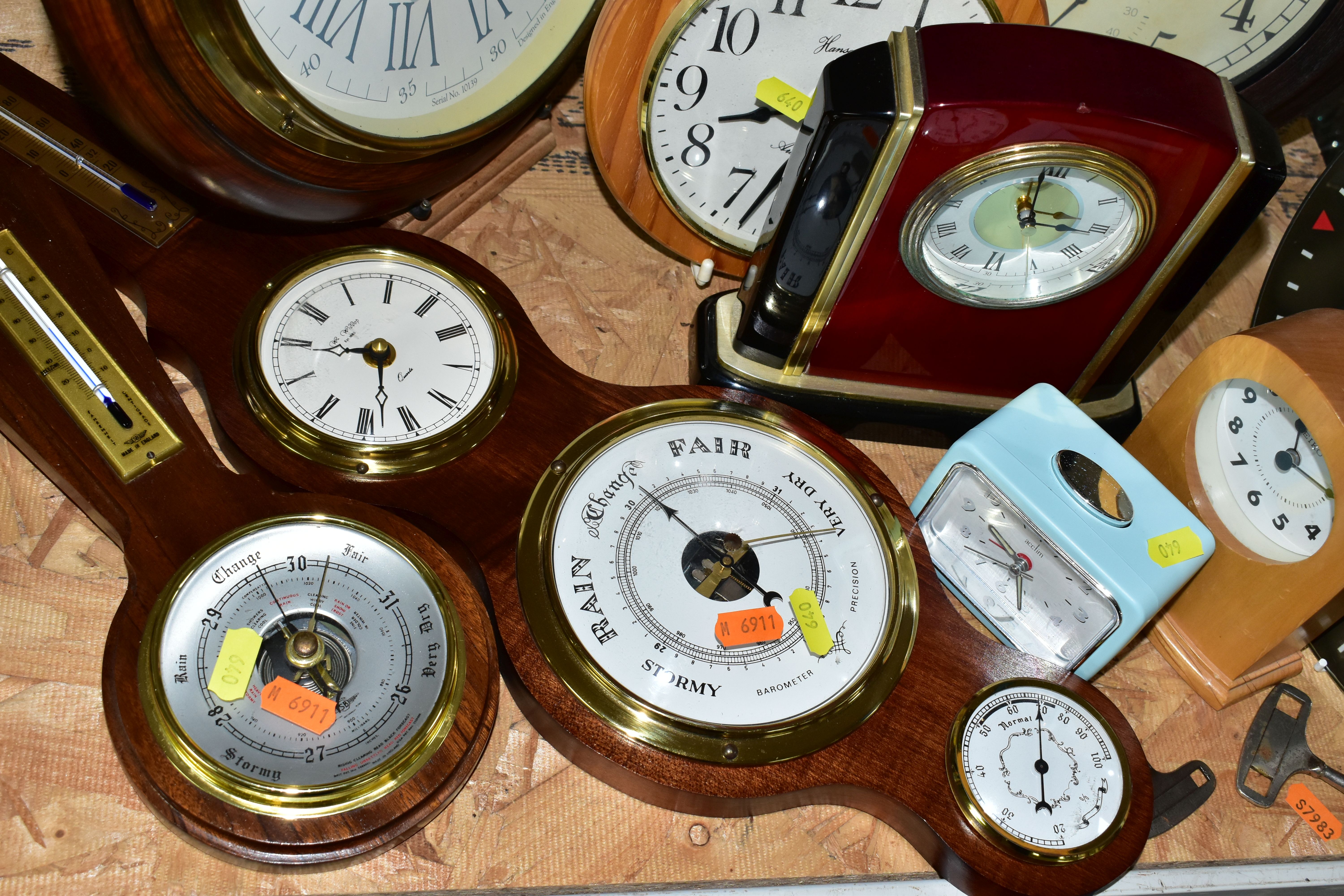 A GROUP OF CLOCKS AND BAROMETERS, to include wall, mantel and alarm clocks, a Royal Air Force - Image 4 of 4