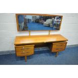 A MID CENTURY TEAK DRESSING TABLE, with a single rectangular mirror, four drawers on square tapering