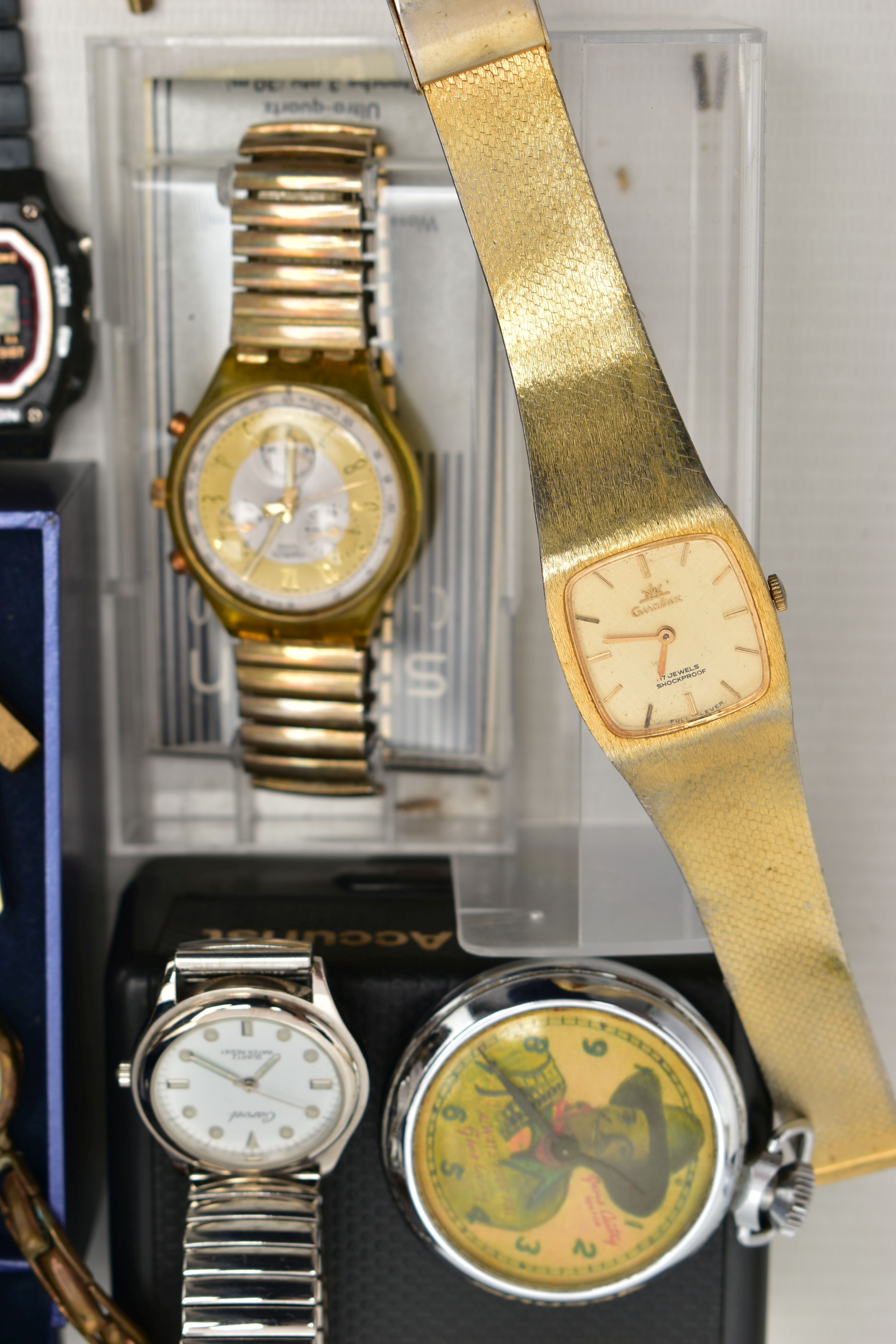 A BOX OF ASSORTED FASHION WRISTWATCHES AND OTHER ITEMS, all untested, to include a boxed 'Swatch' on - Image 2 of 6