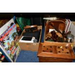 THREE BOXES AND LOOSE TREEN, METALWARES AND SUNDRY ITEMS, to include an E Thomas and Williams Ltd
