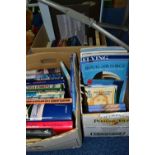 THREE BOXES OF OVER TWENTY ROYAL AIR FORCE AND AIRCRAFT RELATED BOOKS, to include DVDs and photos on