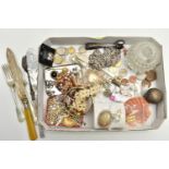A BOX OF SILVER AND ASSORTED ITEMS, to include a silver lidded bottle, hallmarked 'Army & Navy