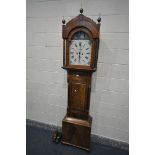 A GEORGE III MAHOGANY EIGHT DAY LONGCASE CLOCK, the hood with triple brass finials, barley twist