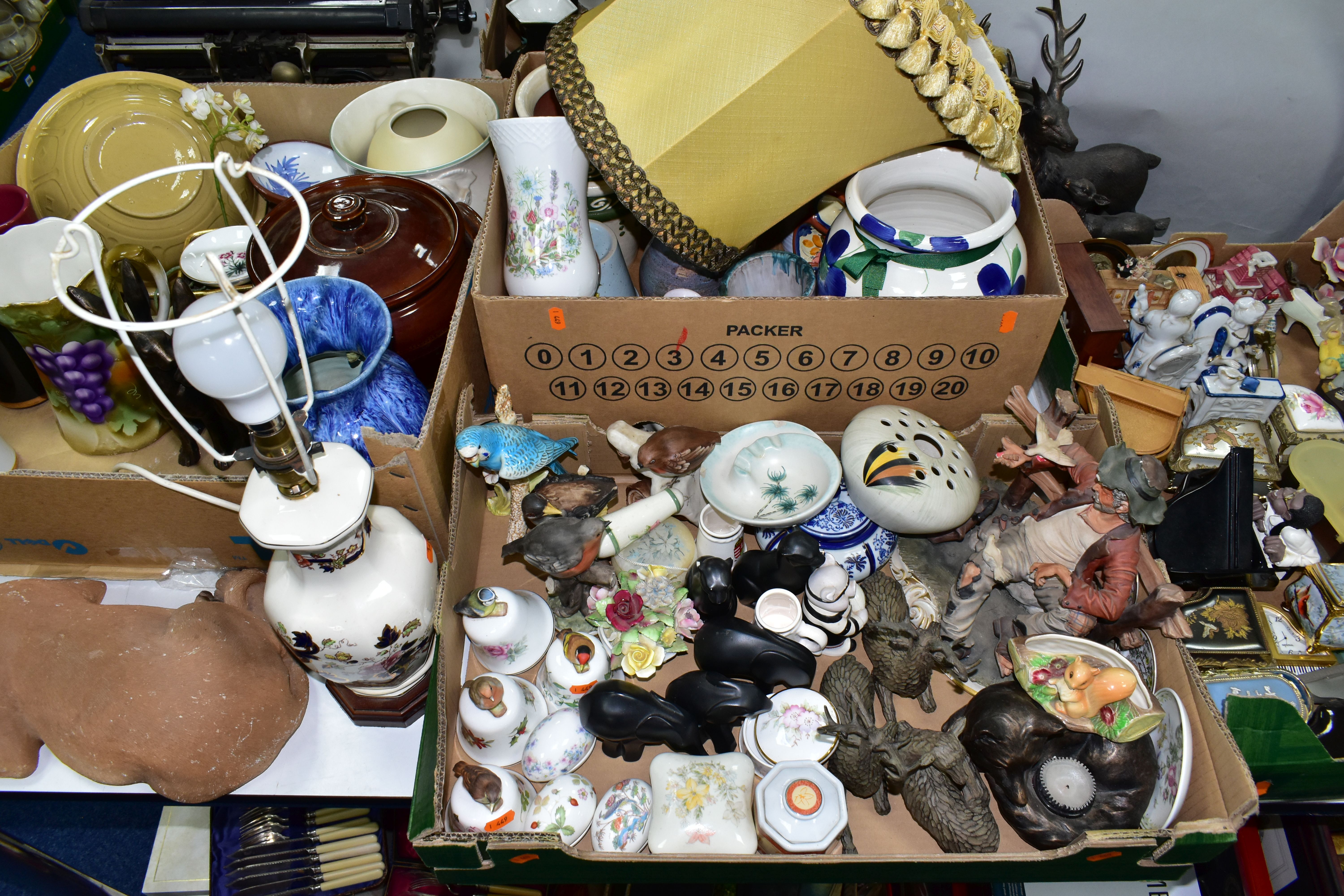 FOUR BOXES OF CERAMICS AND ORNAMENTS, to include a family of three Coalport 'Collectable' black