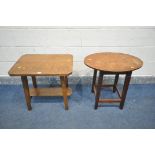 TWO ARTS AND CRAFTS OAK SIDE TABLES, to include rectangular table with canted corner, length 63cm