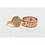 TWO 9CT GOLD RINGS, the first a wide band ring, engraved with a partly worn ivy leaf foliage design,