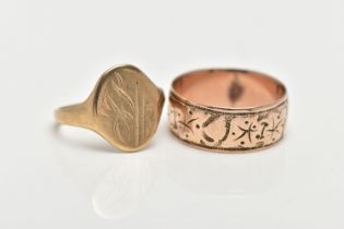 TWO 9CT GOLD RINGS, the first a wide band ring, engraved with a partly worn ivy leaf foliage design,