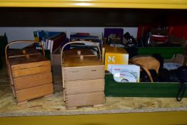 FOUR BOXES OF ASSORTED SUNDRIES AND BOOKS, to include two three tier cantilever wooden sewing boxes,