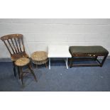 A 20TH CENTURY OAK DUET PIANO STOOL, with contents, possibly an Austin suite dressing stool, a