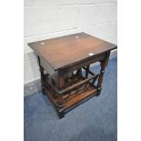 A REPRODUCTION OAK SIDE TABLE/MAGAZINE RACK, width 61cm x depth 46cm x height 59cm (condition:-