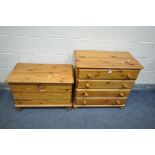 A PINE CHEST OF FOUR DRAWERS, width 75cm x depth 45cm x height 72cm, and a pine blanket chest (2)