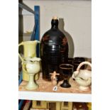 A GROUP OF STUDIO POTTERY, to include a brown glazed cider flagon, height 44cm, with four matching