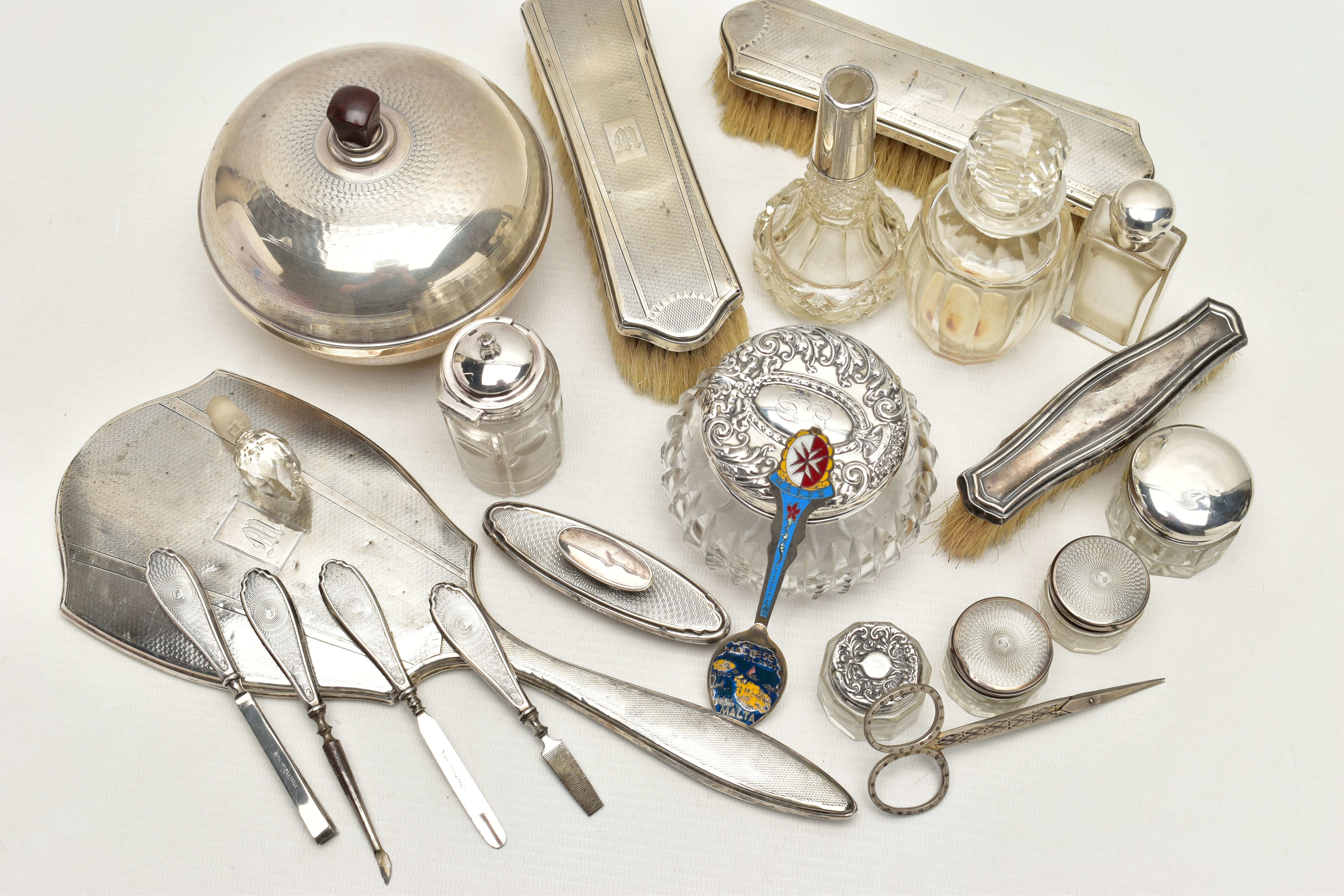 A BOX OF ASSORTED SILVER AND WHITE METAL, to include a brush and mirror set, hallmarked 'William - Image 4 of 7