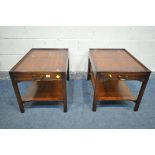 A PAIR OF BEVAN FUNNEL REPRODUX RECTANGULAR SIDE TABLES, with single drawers, length 70cm x depth