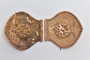 TWO YELLOW METAL MODIFIED BELT BUCKLES, non-matching buckles one rose tone the one yellow metal,