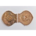 TWO YELLOW METAL MODIFIED BELT BUCKLES, non-matching buckles one rose tone the one yellow metal,