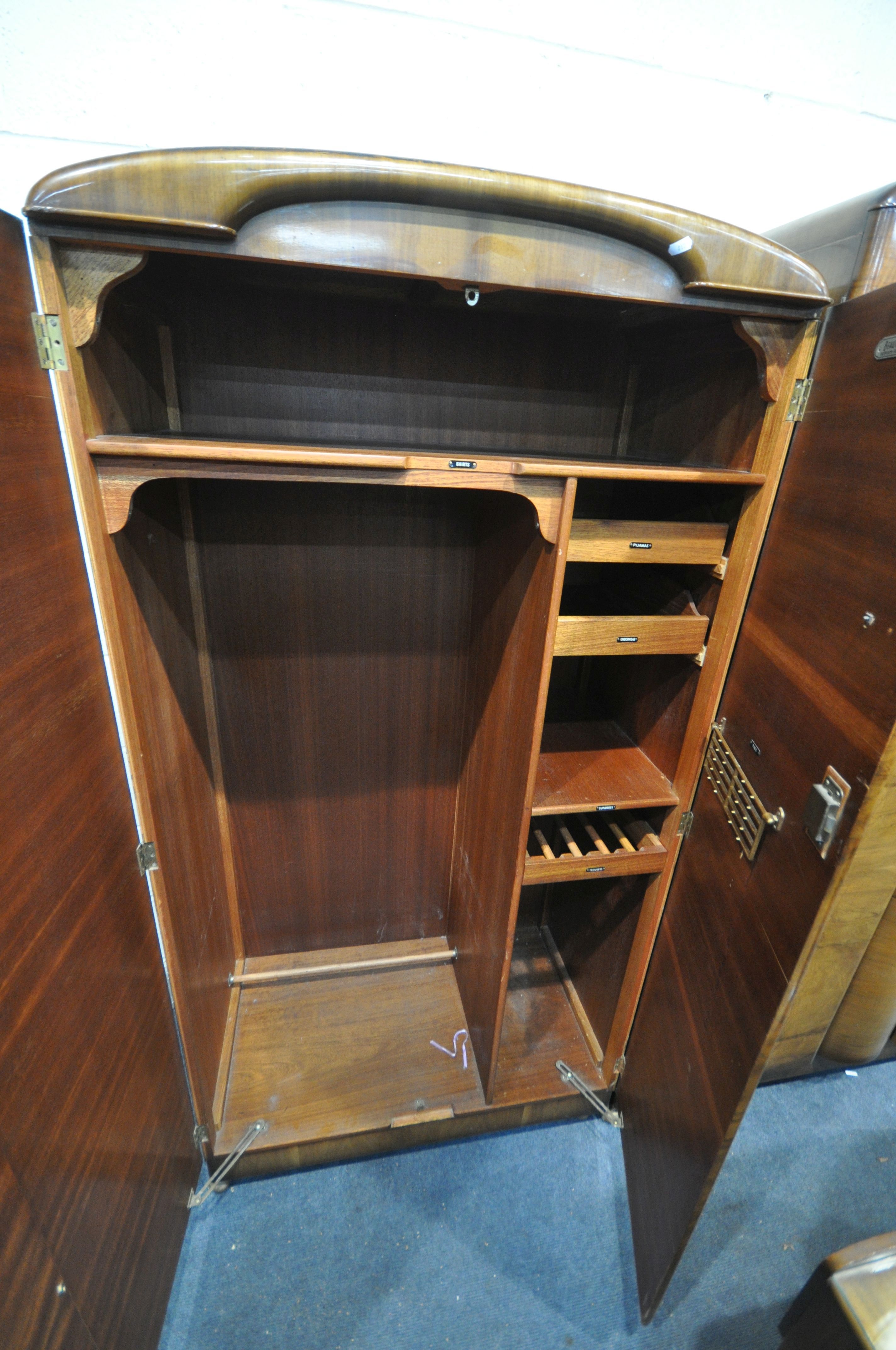 AN ART DECO BEAUTILITY WALNUT THREE PIECE BEDROOM SUITE, comprising of two sized double wardrobes - Image 3 of 4