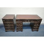 A MAHOGANY PEDESTAL DESK, with a red leather writing surface, with an arrangement of drawers,