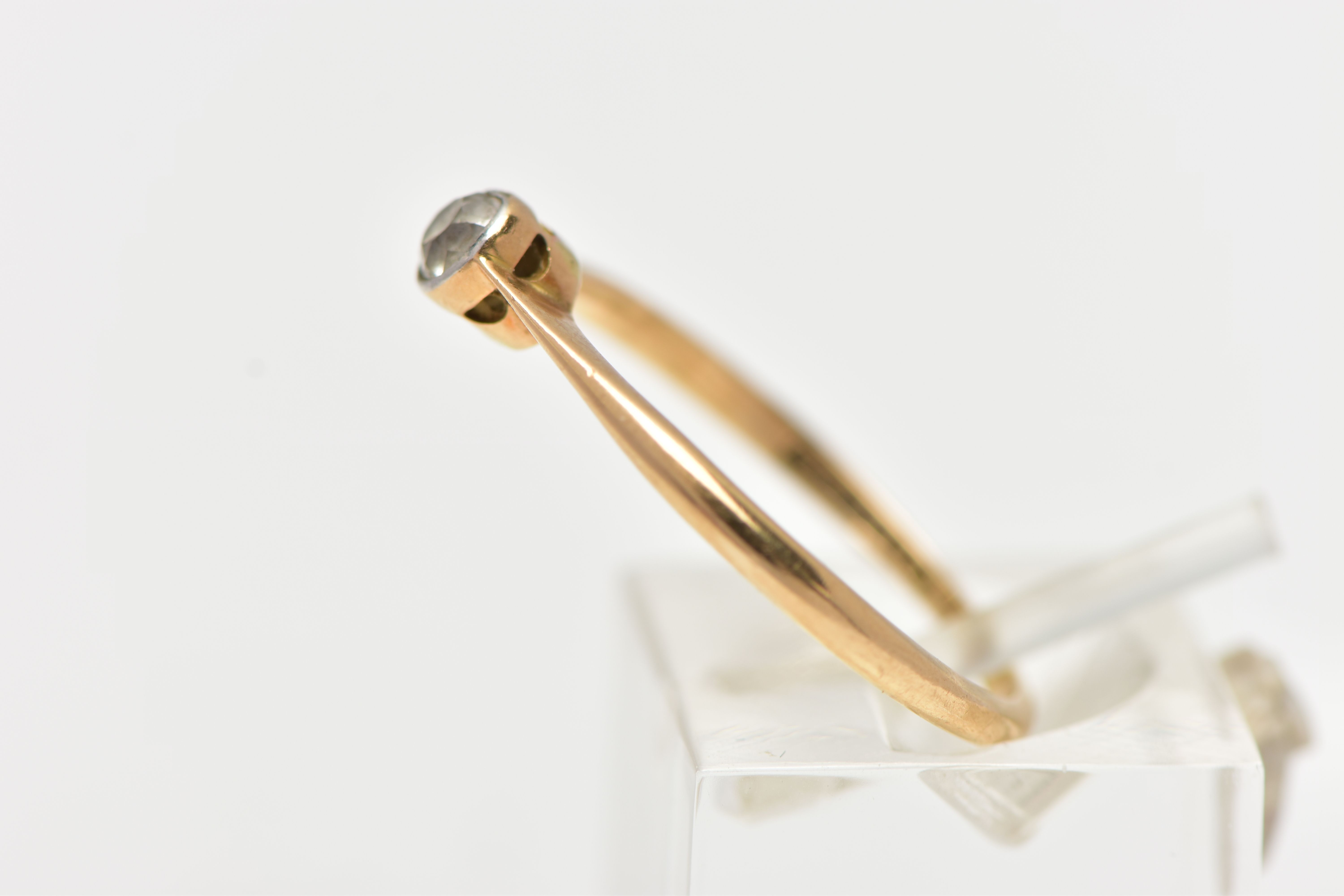 A YELLOW METAL SINGLE STONE DIAMOND RING, set with an old cut diamond in a milgrain setting, - Image 2 of 4