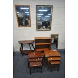 A SELECTION OF OCCASIONAL FURNITURE, to include a teak open bookcase, a demi lune hall table, two
