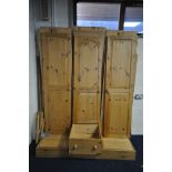 A MODERN PINE TRIPLE DOOR WARDROBE, with a single drawer, width 159cm x depth 61cm x height 204cm (