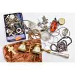 A BOX OF ASSORTED SILVER AND WHITE METAL JEWELLERY AND A PAIR OF OPERA GLASSES, to include a large