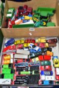 TWO BOXES OF DIECAST MODEL CARS, TRACTORS AND TRAINS TOGETHER WITH A FRAMED MIRROR AND A FRAMED