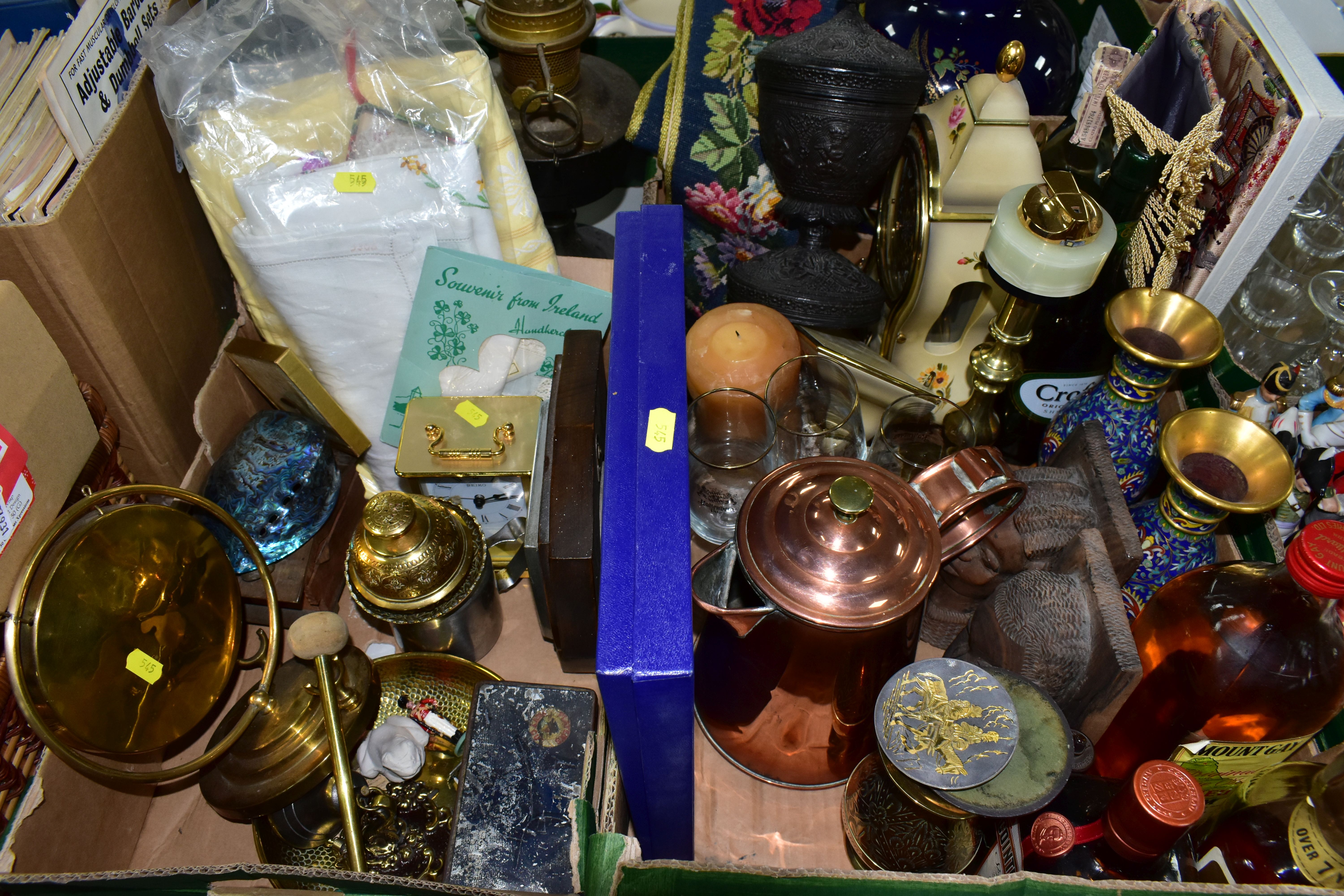 TWO BOXES OF ASSORTED SUNDRIES, to include a ceramic based table lamp, height 43cm to top of brass