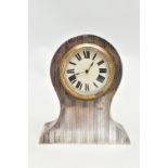 AN EARLY 20TH CENTURY SILVER MANTLE CLOCK, featuring a round ceramic dial, black Roman numerals,
