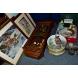 A BOX AND LOOSE CERAMICS, CYCLE LAMP, CLOCK AND PICTURES, to include a Bauer cycle lamp, a Royal