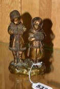AFTER JOSEPH LE GULUCHE (1849-1915), two gilt bronze figures of children standing on a rocky base,