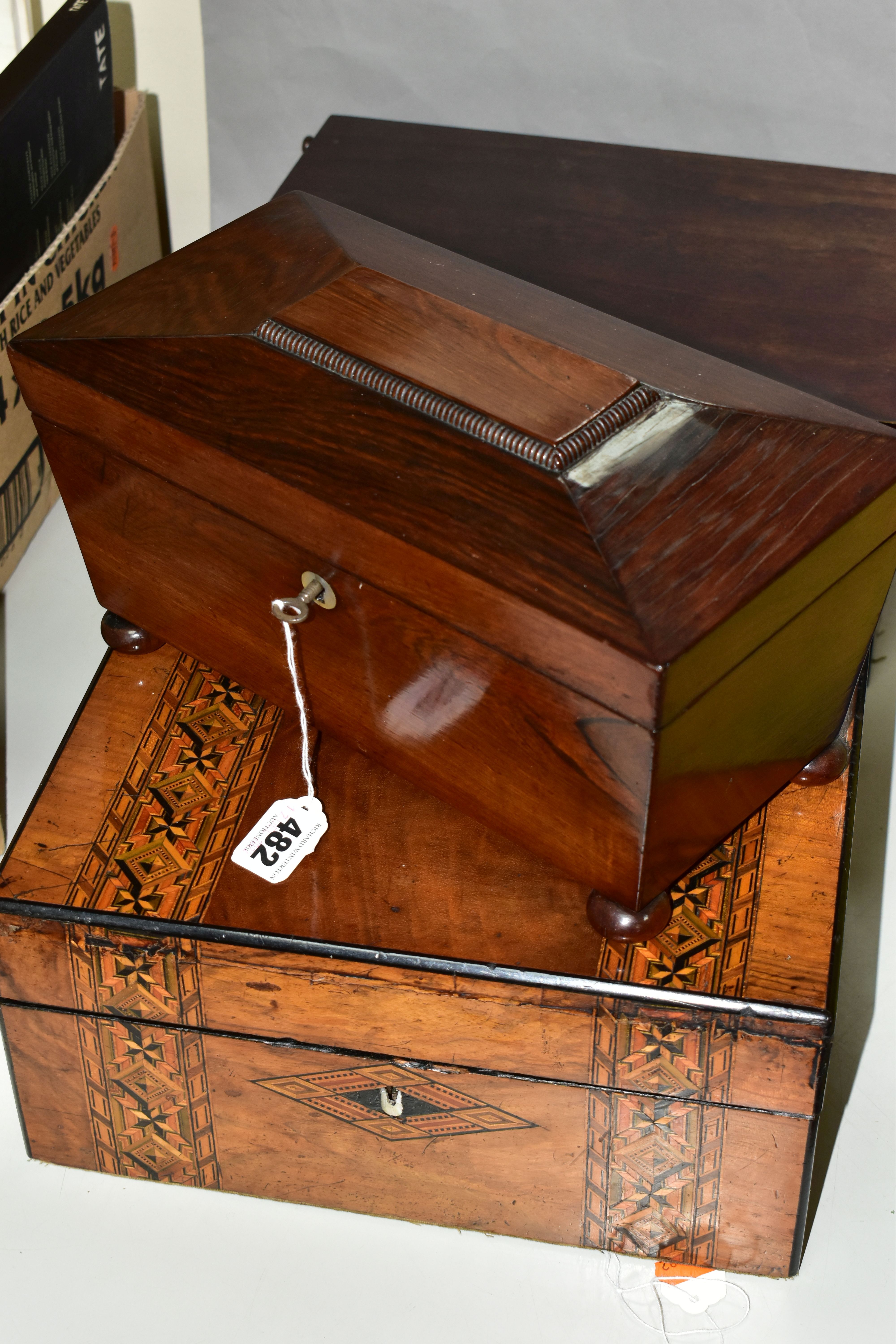 A REGENCY ROSEWOOD TEA CADDY AND TWO WRITING SLOPES, the tea caddy of sarcophagus form supported - Image 5 of 9