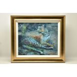 ROLF HARRIS (AUSTRALIAN 1930) 'LEOPARD RECLINING AT DUSK', signed limited edition print, 84/195 no