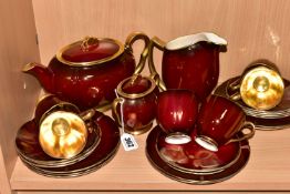 A CARLTON WARE 'ROUGE ROYALE' TEA SET, comprising a teapot, large milk jug (crazed, sounds dull),